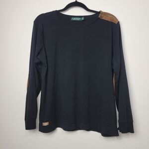 LAUREN RALPH LAUREN WOMEN'S FAUX SUEDE ELBOW PATCHES LONG SLEEVE TOP BLACK